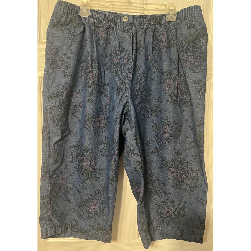 Woman‎ Within 24W Petite Floral Denim Capri Pants Elastic Waist Pockets